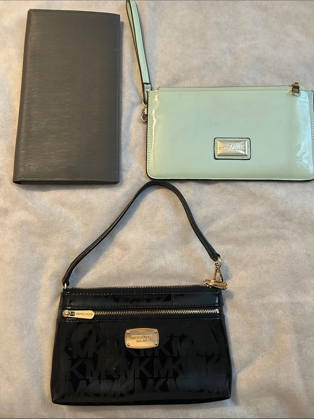Michael Kors Black Patent Logo Wristlet with Gold Hardware